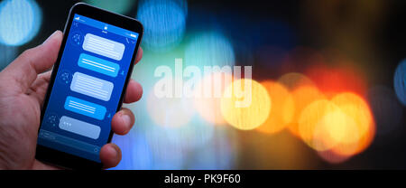 Chatbot conversation with smartphone screen app interface and artificial intelligence technology processing virtual assistant with customer support . Stock Photo