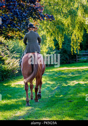 An elegent young lady riding in a traditional side saddle wearing bowler hat and face veil Stock Photo