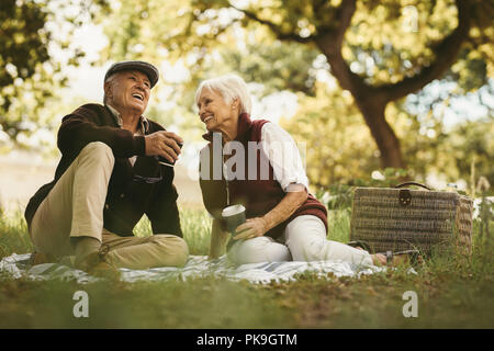 Happy old couple sitting on blanket at the park having coffee and sharing few precious memories. Old couple together on a picnic at park. Stock Photo