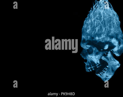 Abstract powerful fiery evil cyan demon skull on a black background Stock Photo