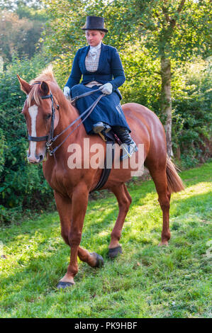 An elegent young lady riding in a traditional side saddle wearing top hat and face veil Stock Photo