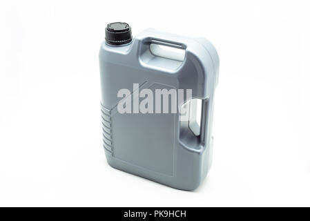 Grey, plastic motor oil container with a capacity of five liters. Isolated on a white background with a clipping path. Stock Photo