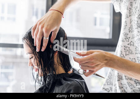 Young beautiful woman having her hair cut at the hairdresser's. Young male hairdresser smiling and making hairstyle to the customer. Stock Photo