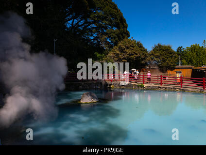 Pond with turquoise color in Kamado jigoku cooking pot hell, Oita Prefecture, Beppu, Japan Stock Photo