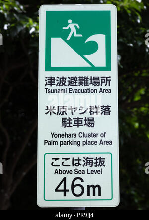 Billboard with the sea level for tsunami disaster prevention, Yaeyama Islands, Ishigaki-jima, Japan Stock Photo