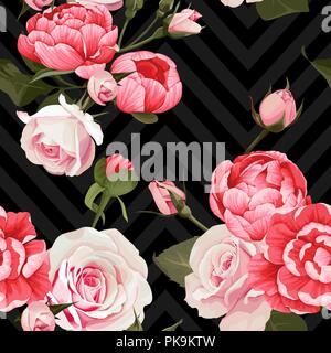 Peony and roses vector seamless pattern floral texture on a dark chevron background Stock Vector