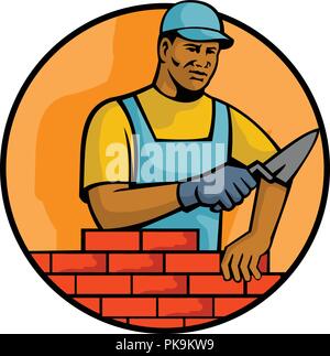 Mascot illustration of a black African American bricklayer or mason, laying bricks to construct brickwork masonry set inside circle on isolated white  Stock Vector