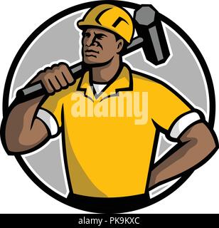 Mascot illustration of a black African American demolition worker, laborer or construction worker with sledgehammer set inside circle on isolated whit Stock Vector