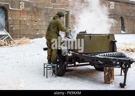 Saint Petersburg. Russia - January 12, 2018: Military field kitchen in winter on Epiphany day Stock Photo