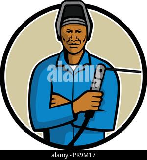 Mascot illustration of a black African American welder holding welding torch viewed from front set inside circle on isolated white background done in  Stock Vector