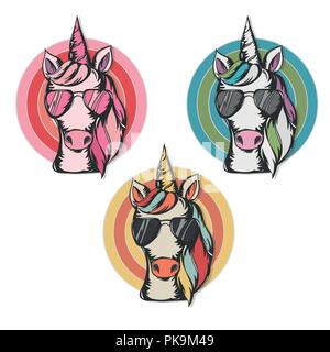 Vector illustration of cute unicorn face wearing sunglasses. Stock Vector