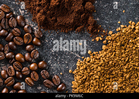 Coffee beans, ground coffee and instant coffee. Top view. Stock Photo