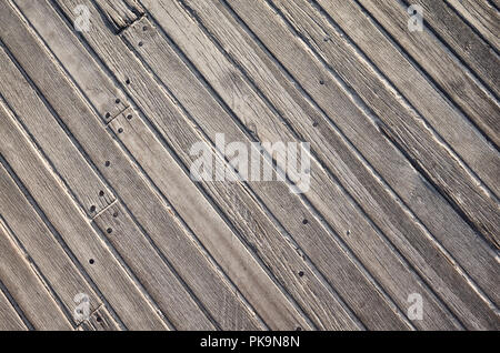 Promenade flooring made of old natural wooden planks. Stock Photo