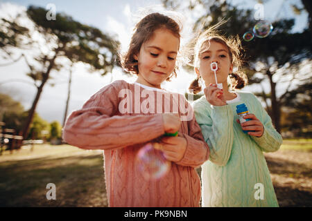 Beautiful little girls playing with bubbles at the playground. Cute twin sisters blowing soap bubbles outdoors. Stock Photo