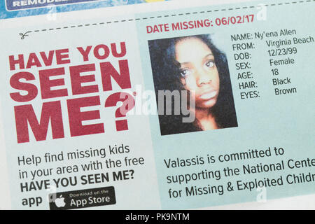 Have You Seen Me ad of missing girl (missing children, missing child, missing person, missing persons) - USA Stock Photo