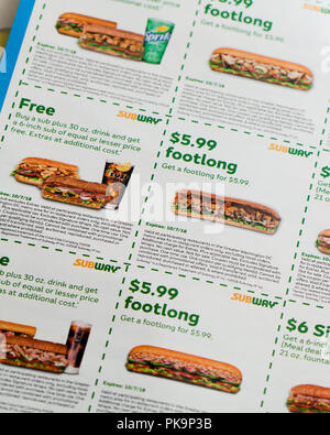 Subway sandwich coupons (fast food coupon) - USA Stock Photo