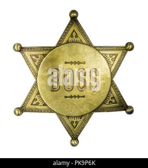 Isolated Brass Boss Badge In The Style Of A Vintage Sheriff's Star On A White Background Stock Photo