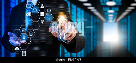Coding software developer work with augmented reality dashboard computer icons of scrum agile development and code fork and versioning with responsive Stock Photo