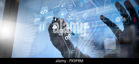 Coding software developer work with augmented reality dashboard computer icons of scrum agile development and code fork and versioning with responsive Stock Photo