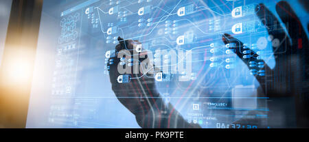 Blockchain technology concept with diagram of chain and encrypted blocks.businessman working with digital tablet computer and server room. Stock Photo