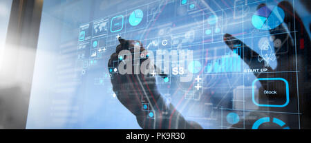 Financial report data of business operations (balance sheet and income statement and diagram) as Fintech concept.businessman hand working with modern  Stock Photo