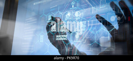 Machine learning technology diagram with artificial intelligence (AI),neural network,automation,data mining in VR screen.businessman hand working with Stock Photo
