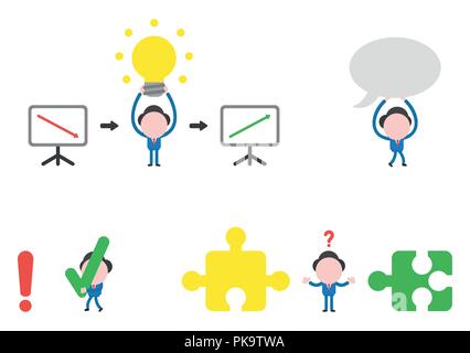 Vector illustration set of businessman mascot character holding up glowing light bulb idea between sales charts down and up, walking and holding speec Stock Vector