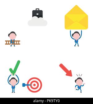 Vector illustration set of businessman mascot character carrying ladder to reach briefcase on cloud, walking and carrying open mail envelope, with bul Stock Vector