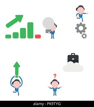 Vector illustration set of businessman mascot character with sales bar graph moving up and down and holding grey light bulb, running on gears, carryin Stock Vector