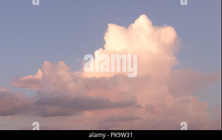 Vibrant fluffy beautiful pink, gold, yellow orange and magenta sunlit cumulus clouds in summer sky, dramatic horizontal cloudscape Stock Photo