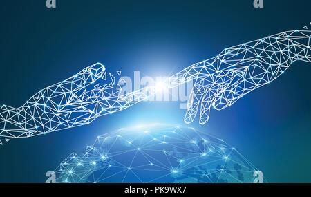 Concept of global network or communication technology, digital hand pointing and touching together on wireframe globe Stock Vector