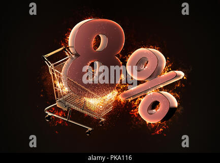 Burning shopping cart and red Eight percent discount sign. 3D illustration. Stock Photo