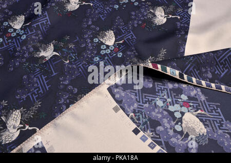 Silk twill fabric with a picture of cranes Stock Photo