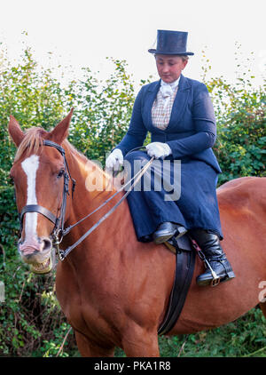 An elegent young lady riding in a traditional side saddle wearing top hat and face veil Stock Photo