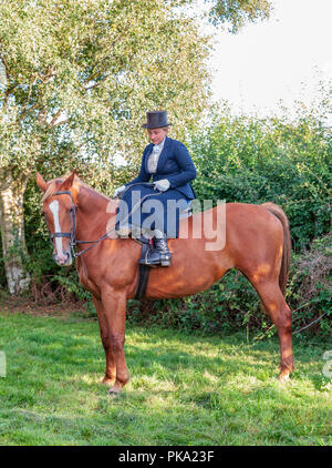 An elegent young lady riding in a traditional side saddle wearing top hat and face veil Stock Photo