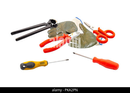 pliers screwdrivers scissors and gloves isolated on white background Stock Photo