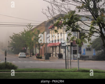 Oxford, New York, USA.  September 4, 2018. Early morning fog in the small rural village of Oxford, NY Stock Photo