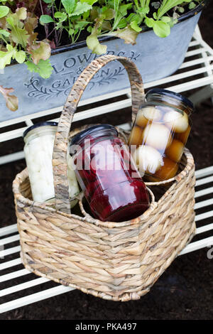 Jars of pickled vegetables on display at a UK flower show. Stock Photo