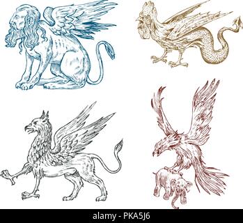 Mythological animals. Sphinx Griffin Mythical Basilisk antique Roc. Ancient Birds, fantastic creatures in the old vintage style. Engraved hand drawn old sketch. Stock Vector