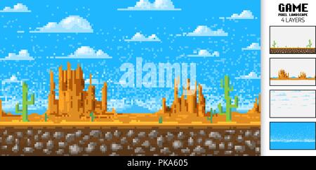 Landscape background, pixel art, 8-bit game digital vintage style. interface for the application or a web site. clouds over the mountains. Monument Valley. Stock Vector