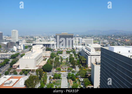 LOS ANGELES, CALIFORNIA - JUNE 12, 2018: Downtown Los Angeles seen from City Hall. Showing: Disney Hall, Mosk, Courthouse, DWP Building, Grand Park, D Stock Photo