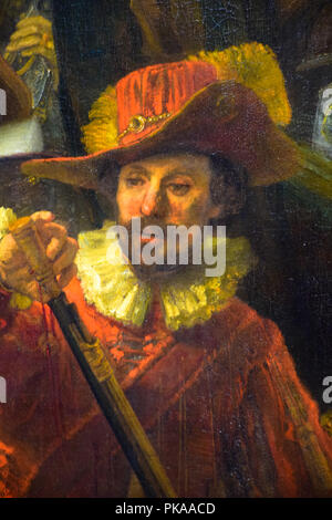 Detail on the iconic masterwork 'The Night Watch' by Rembrandt Van Rijn in the Rijksmuseum in Amsterdam, Netherlands Stock Photo