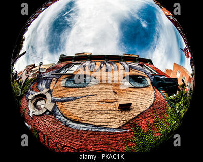 anime wall super graffiti on a building face of a girl blue eyes purple air manga, japanese, Montreal, Quebec, Canada, landscape circular fisheye Stock Photo