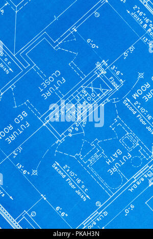 Residential House Paper Blue Print Floor Plan Close Up. Stock Photo