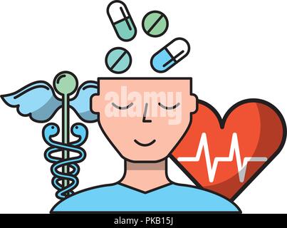 human profile pills mental heartbeat caduceus vector illustration Stock Vector