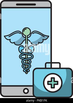 smartphone caduceus medical first aid app vector illustration thin line ...