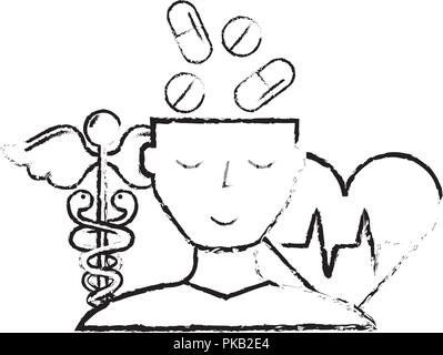 human profile pills mental heartbeat caduceus vector illustration hand drawing Stock Vector
