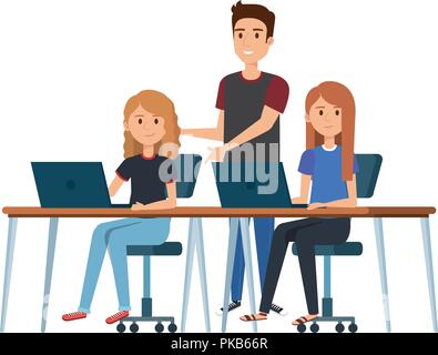 young women at desk with laptop and companion vector illustration Stock Vector