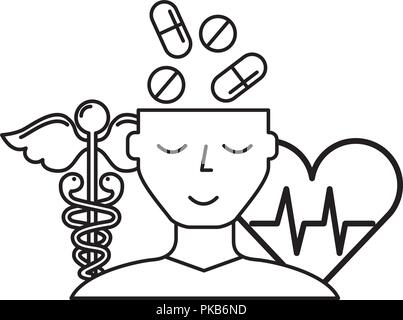 human profile pills mental heartbeat caduceus vector illustration thin line Stock Vector