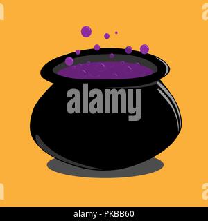 Bubbling cauldron of a witch on an orange background, halloween vector illustration Stock Vector